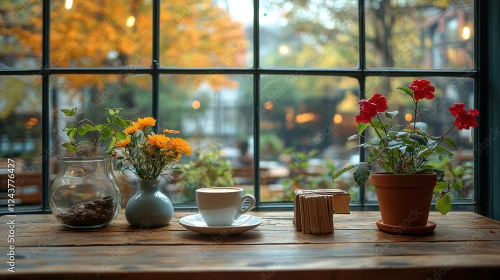 Cozy cafe corner with coffee and books Cozy cafe corner with coffee and books