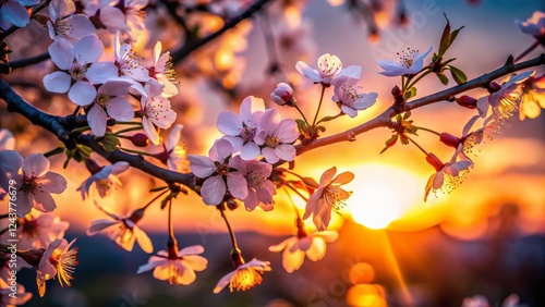 Wallpaper Mural Silhouette Cherry Blossoms Spring Close-Up - Delicate Pink Flowers at Sunset Torontodigital.ca