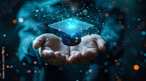 Glowing graduation cap hologram floating above open palms against dark background, perfect for education, future learning and academic achievement concepts.