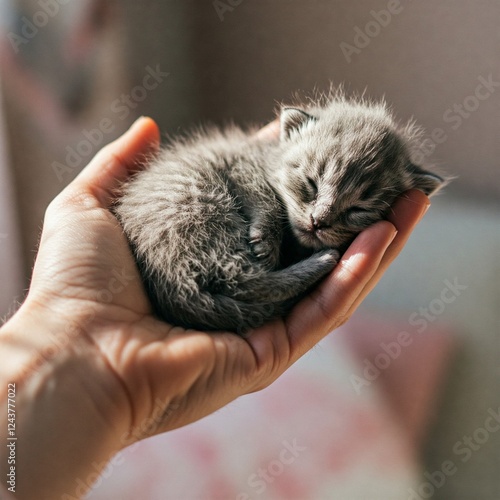 A kitten sleeping in the palm of a person's hand.