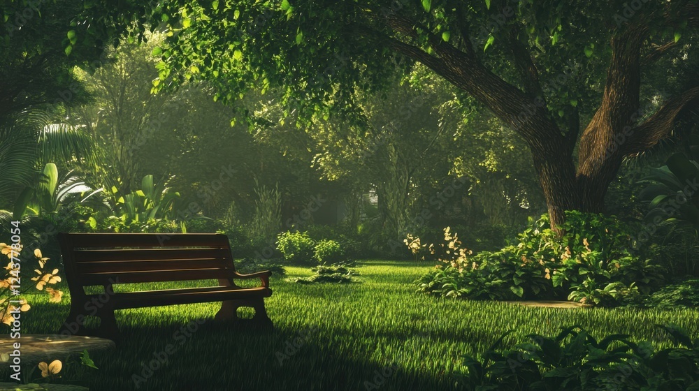 A serene park with lush greenery, a wooden bench under a big tree, peaceful and relaxing atmosphere, soft lighting A serene park with lush greenery, a wooden bench under a big tree, peaceful and relaxing atmosphere, soft lighting