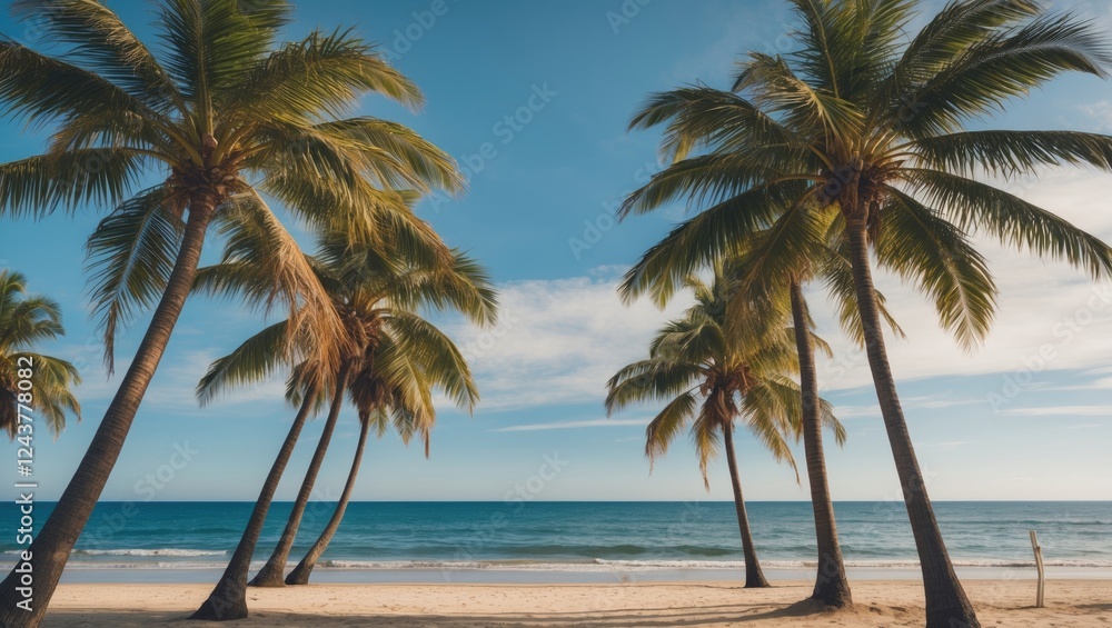 Tranquil beach scene featuring palm trees under a clear blue sky with ample space for adding personalized text or graphics. Tranquil beach scene featuring palm trees under a clear blue sky with ample space for adding personalized text or graphics.