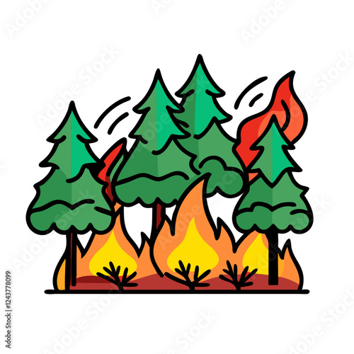 Wildfire in forest with cartoon style illustration