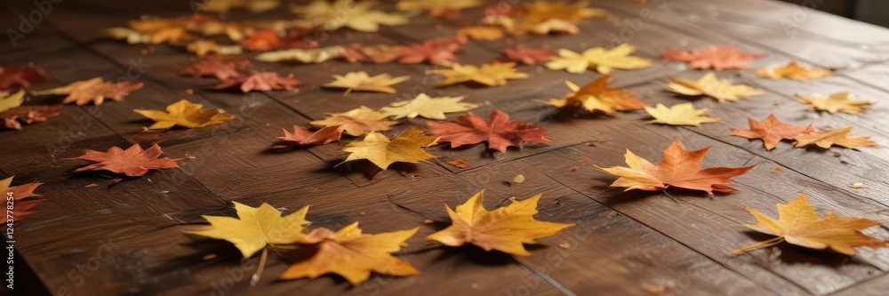 Warm golden light falls on a table with fallen autumn maple leaves and brown wooden surface , warm lighting, brown wood, nature Warm golden light falls on a table with fallen autumn maple leaves and brown wooden surface , warm lighting, brown wood, nature