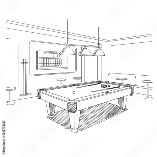 A black line drawing of a billiard room in black and white illustration.