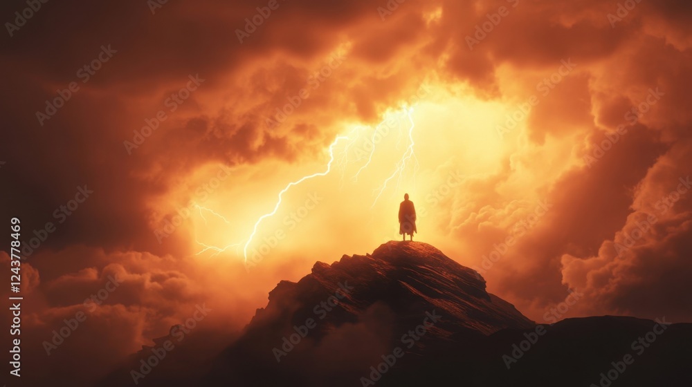 Fototapeta premium A silhouette of a lone figure standing on a hilltop as lightning illuminates the entire sky, dramatic contrast between darkness and light, a surreal and awe-inspiring moment