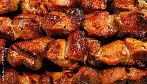 Juicy skewers cooking on the grill at a summer barbecue gathering with friends outdoors photo