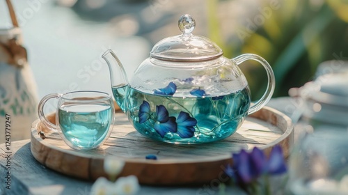 Butterfly Pea Blue Tea with flowers and milk. A glass of a cold summer drink. Caffeine free drink. Healthy food concept photo