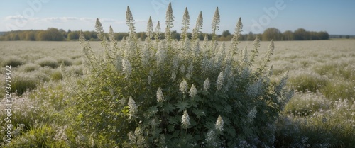 Eryngium bush blooming vibrantly in a sunny meadow with a scenic backdrop of lush green fields and clear blue skies. photo