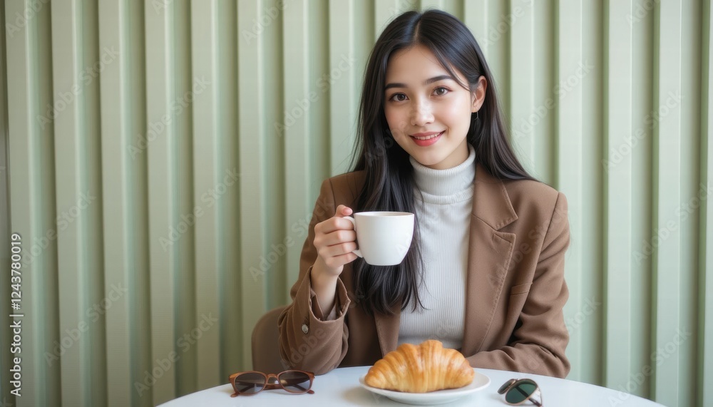 Young woman smiling while drinking coffee at a cafe table with a cup and cereal Young woman smiling while drinking coffee at a cafe table with a cup and cereal