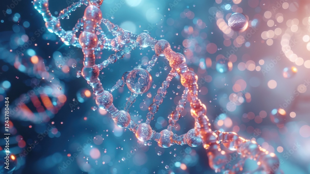 High-detail 3D rendering of a liquid bubble containing a molecule, in a cosmetic essence, with a DNA water splash background. Captivating and clear