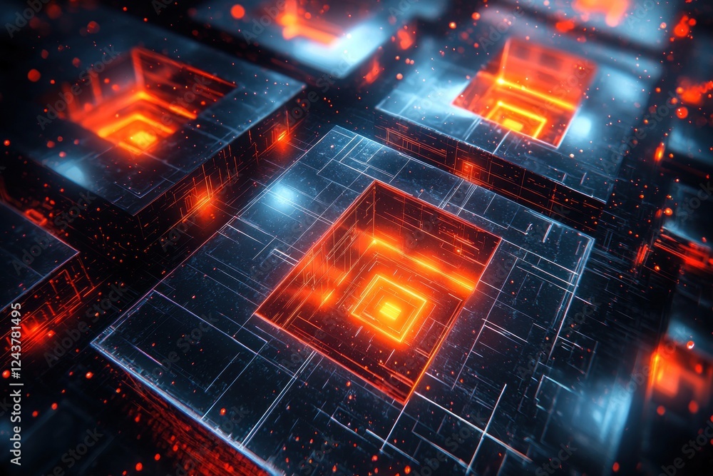 Obraz premium Futuristic digital landscape featuring glowing geometric shapes and particles, creating a vibrant and dynamic atmosphere