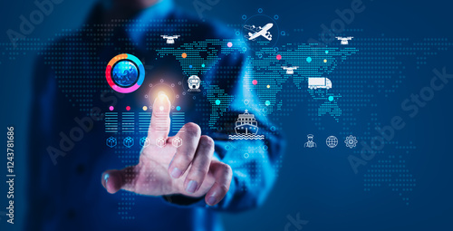 Man Pointing at Global Supply Chain Icons on World Map for Logistics and Transportation