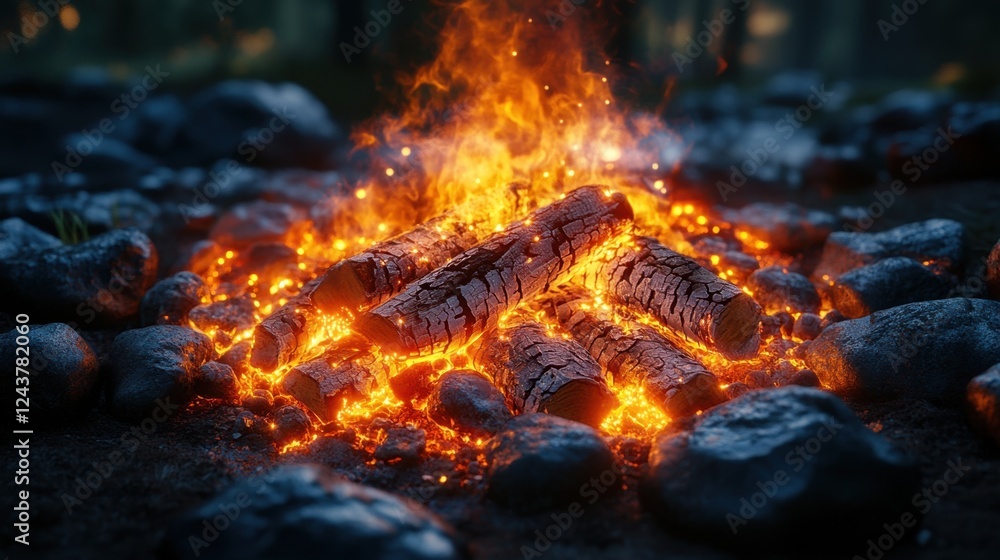 Cozy campfire with logs and glowing embers Cozy campfire with logs and glowing embers