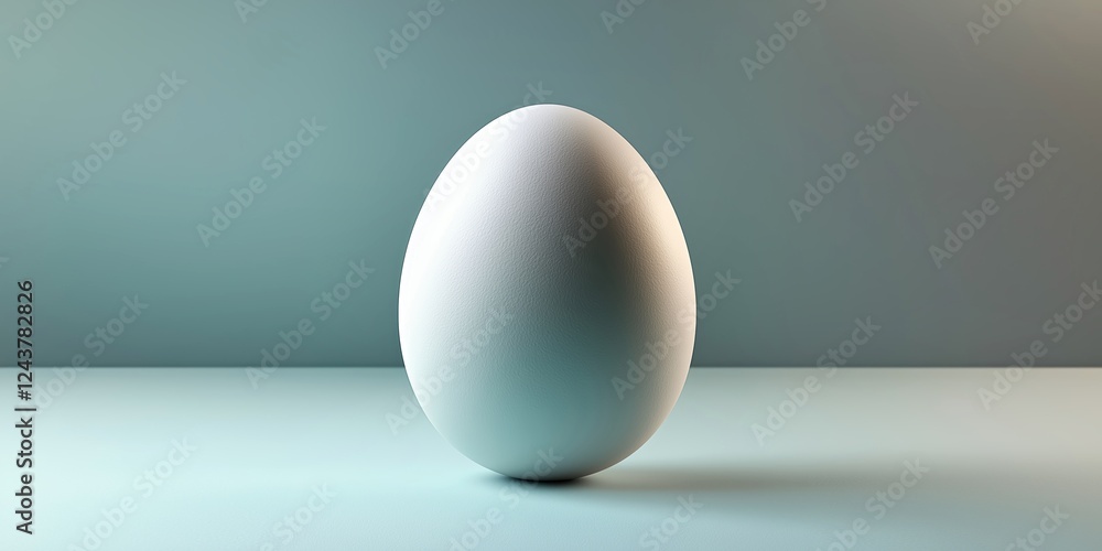 White egg standing on a smooth surface against a soft blue background in a minimalist setting White egg standing on a smooth surface against a soft blue background in a minimalist setting