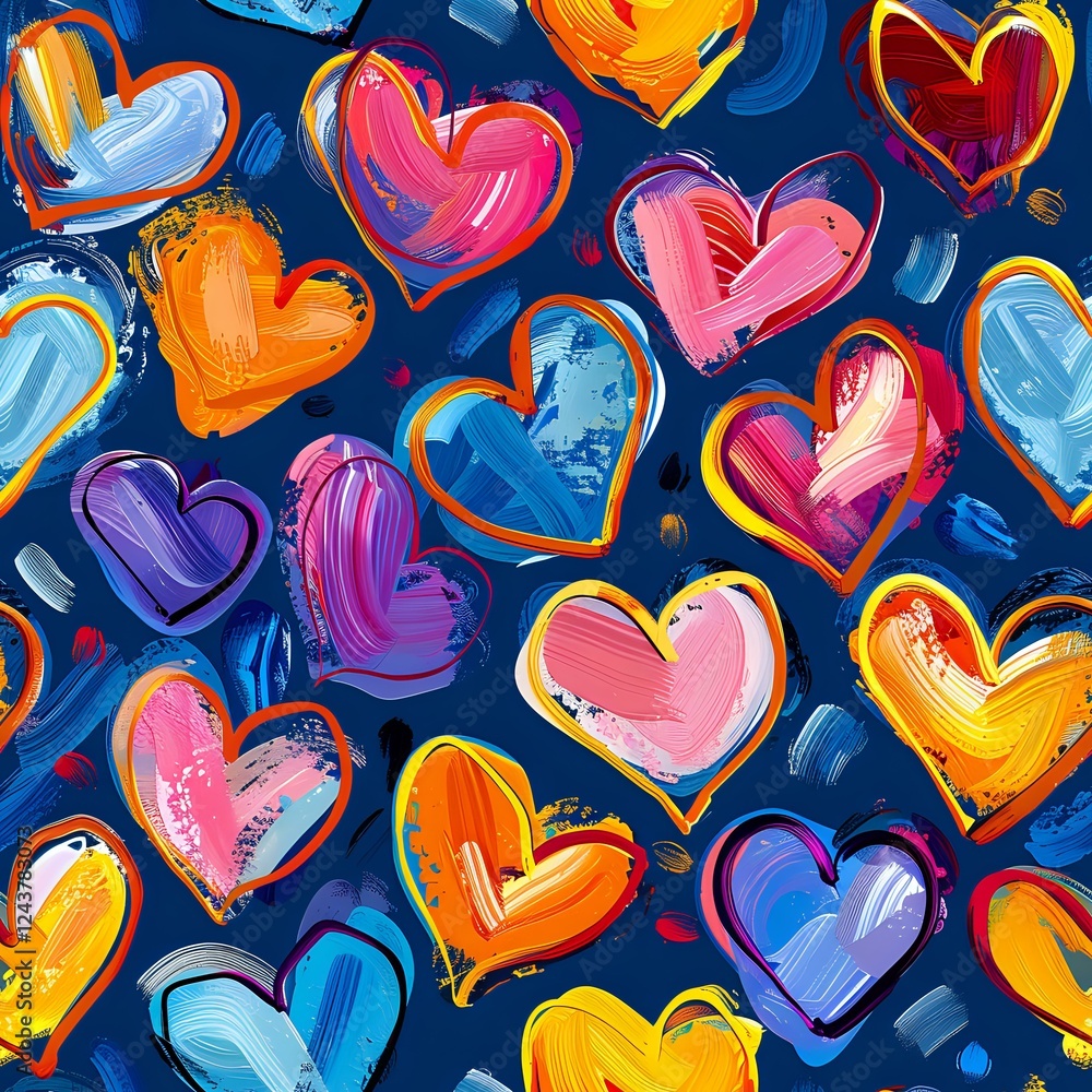 Fototapeta premium Vibrant hand drawn hearts pattern in bright colors on dark blue background. Artistic brush strokes create romantic seamless design perfect for valentines cards, fabric prints and gift wrap.