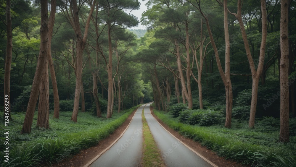 Obraz premium Serene Winding Road Through Lush Forest Landscape Surrounded By Tall Trees Inviting Tranquility And Nature Exploration