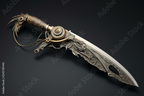 Steampunk style knife with ornate carvings and mechanical details, creating a unique fantasy weapon photo