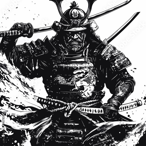 A black and white illustration depicts a fierce samurai warrior in full armor, swords drawn.  photo