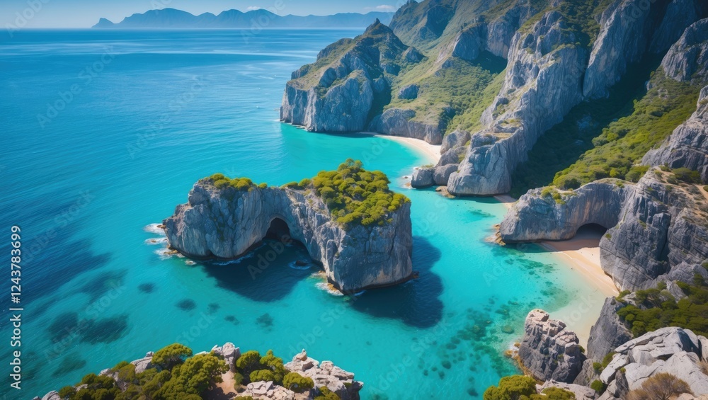 Serene Aerial View of Turquoise Bay Surrounded by Rocky Cliffs and Clear Blue Sea Ideal for Adventure and Relaxation Enthusiasts Serene Aerial View of Turquoise Bay Surrounded by Rocky Cliffs and Clear Blue Sea Ideal for Adventure and Relaxation Enthusiasts