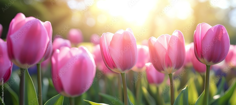 Obraz premium Field of Pink Tulips in Bloom, Bathed in Soft, Natural Sunlight. High Contrast, Vivid Pink Hues