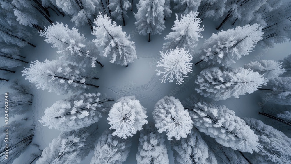 Aerial view of snow-covered trees creating a serene winter landscape in a forest setting. Aerial view of snow-covered trees creating a serene winter landscape in a forest setting.