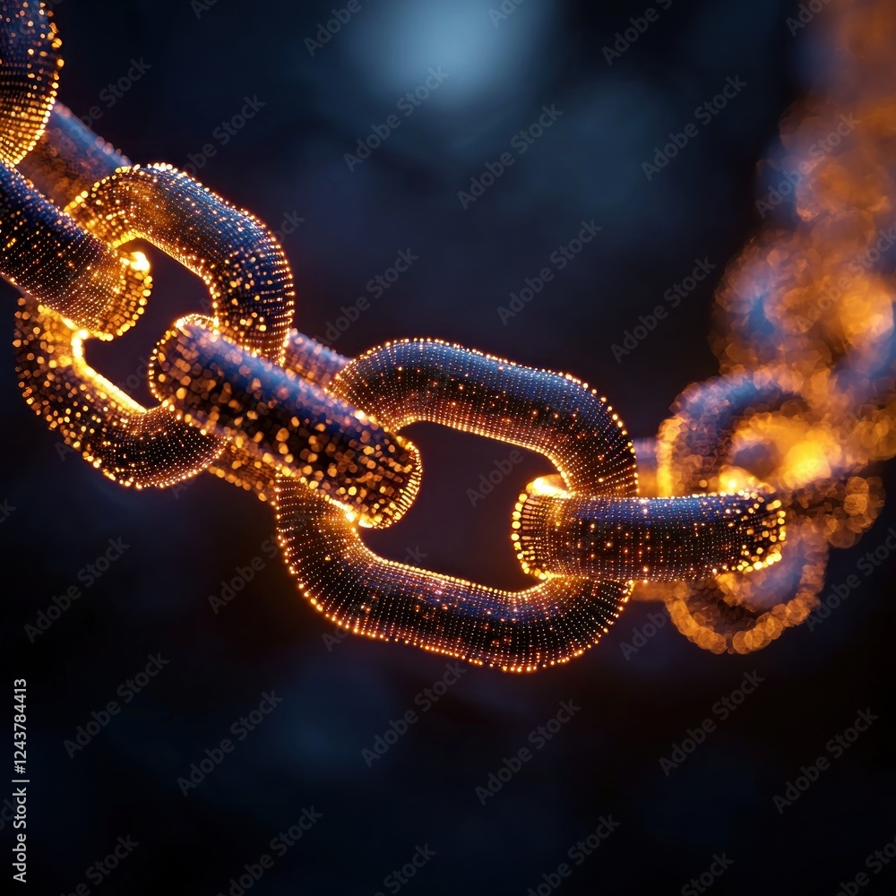 Glowing chain links illuminated against a dark background, symbolizing connection and strength in a digital world Glowing chain links illuminated against a dark background, symbolizing connection and strength in a digital world
