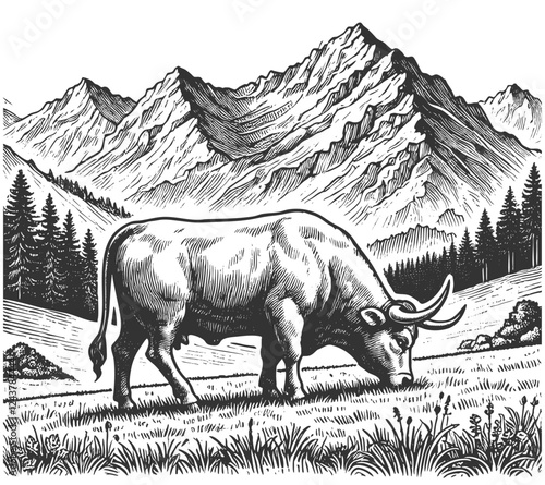 cow grazing in an alpine meadow, with mountains, a farmhouse, and wildflowers in the background, drawn in an engraved style sketch engraving generative ai vector. Scratch board. Black and white image.