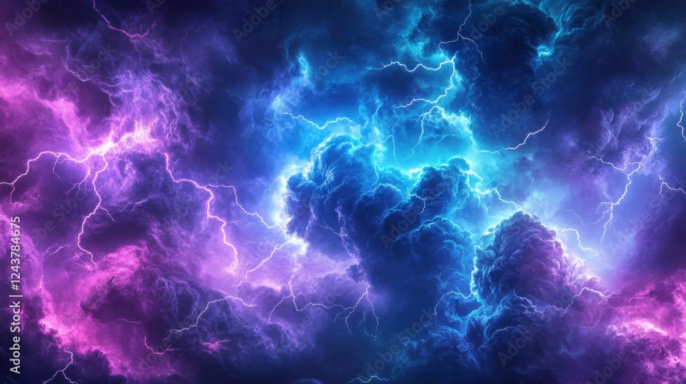 Obraz premium A vibrant thunderstorm background with electric purple and blue hues, lightning bolts twisting in intricate patterns, abstract yet powerful design