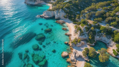 Aerial View of Serene Coastal Landscape with Crystal Clear Turquoise Waters Perfect for Swimming and Boating on a Sunny Day