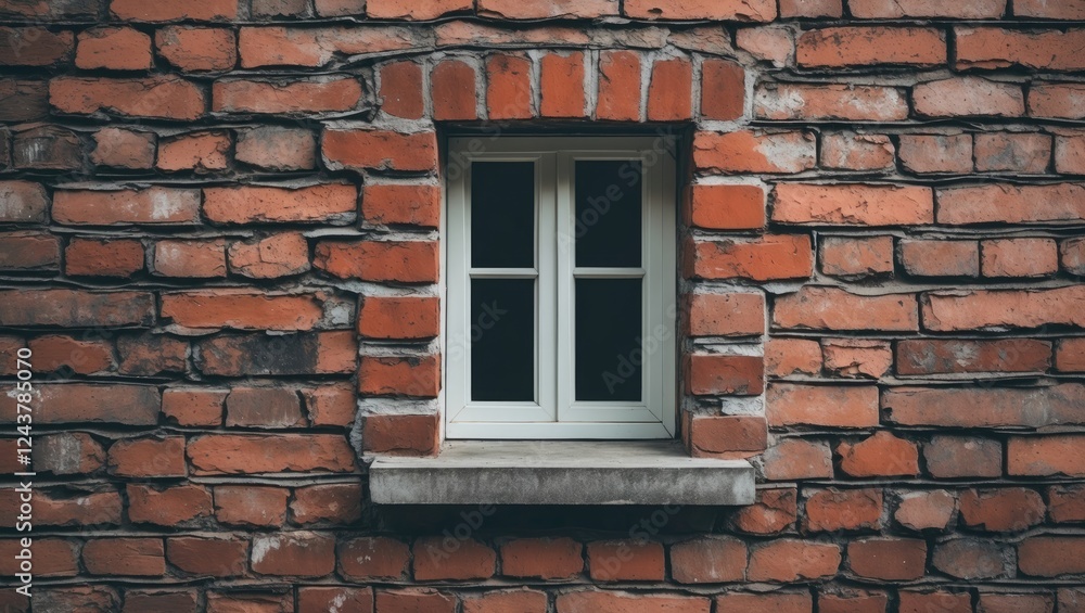 Fototapeta premium Small window in a brick wall showcasing minimalist architecture in natural light and texture harmony at the corner of a house