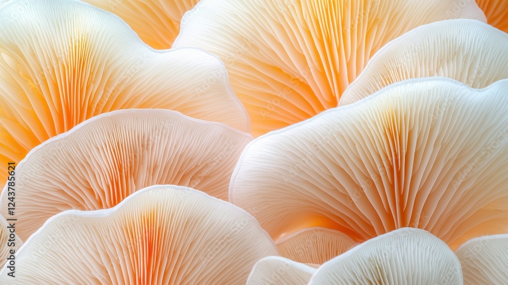 Close-up view of stacked, delicate, orange-white mushrooms, blurred background Close-up view of stacked, delicate, orange-white mushrooms, blurred background