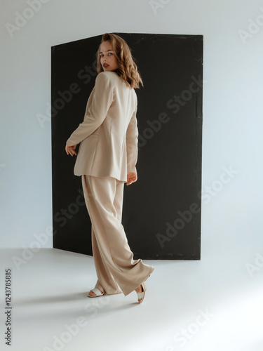 Natural look. Beauty model woman . Model test portrait with young beautiful fashion model posing on dark grey background. Blond woman in a biege blazer . Natural makeup