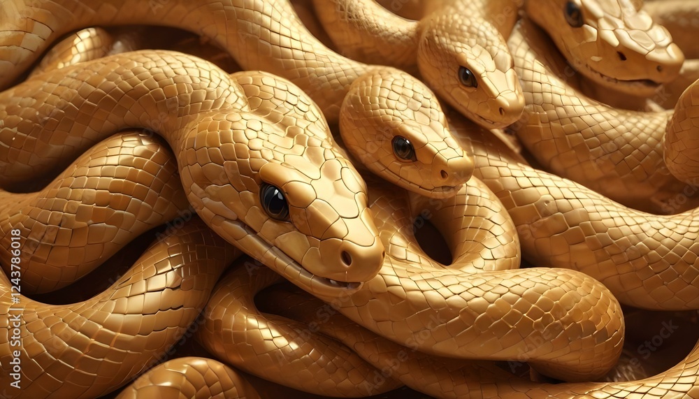 Fototapeta premium Una vista de primer plano de una masa enredada de serpientes o serpientes de color marrón dorado, cuyas escamas reflejan la luz para crear una apariencia brillante y texturizada