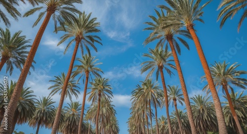 Tropical Palm Tree Alley Under Bright Blue Sky with Clear Space for Text or Graphics in a Scenic Outdoor Environment photo