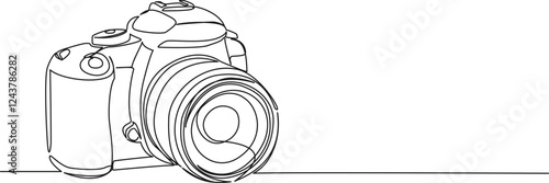 continuous single line drawing of DSLR camera, line art vector illustration