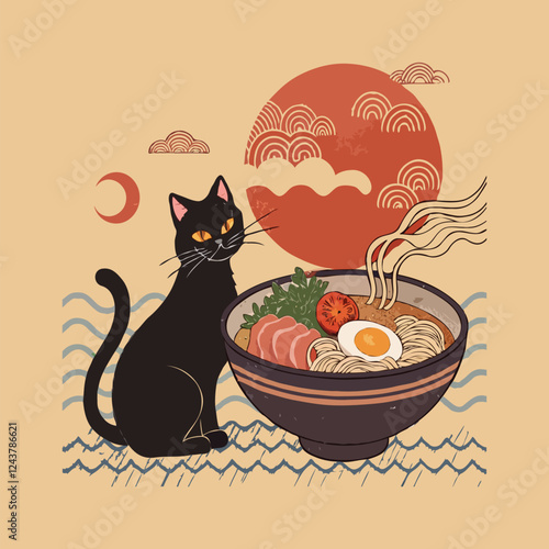 Sleek black cat with fiery orange eyes eating from oversized ramen bowl. Generative AI.