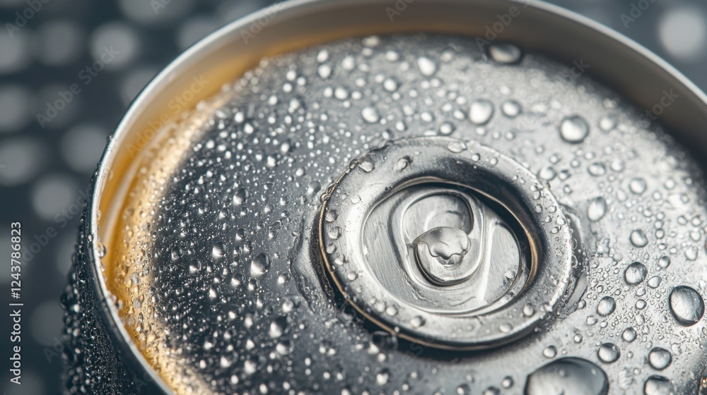 Close-up of condensation droplets forming on a cold beverage can, detailed texture, crisp and refreshing aesthetic, high resolution Close-up of condensation droplets forming on a cold beverage can, detailed texture, crisp and refreshing aesthetic, high resolution