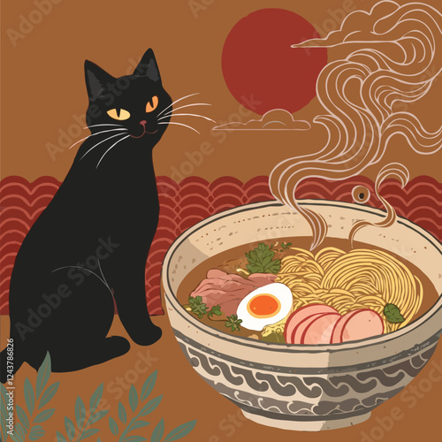 Sleek black cat with fiery orange eyes eating from oversized ramen bowl. Generative AI.