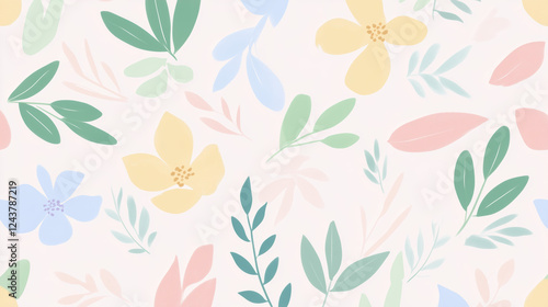 Pastel Floral Seamless Pattern with Delicate Flowers and Leaves