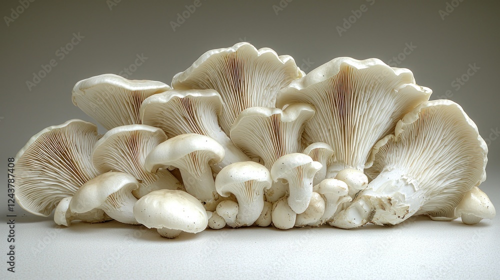 Cluster of Oyster Mushrooms on White Surface, Studio Shot Cluster of Oyster Mushrooms on White Surface, Studio Shot