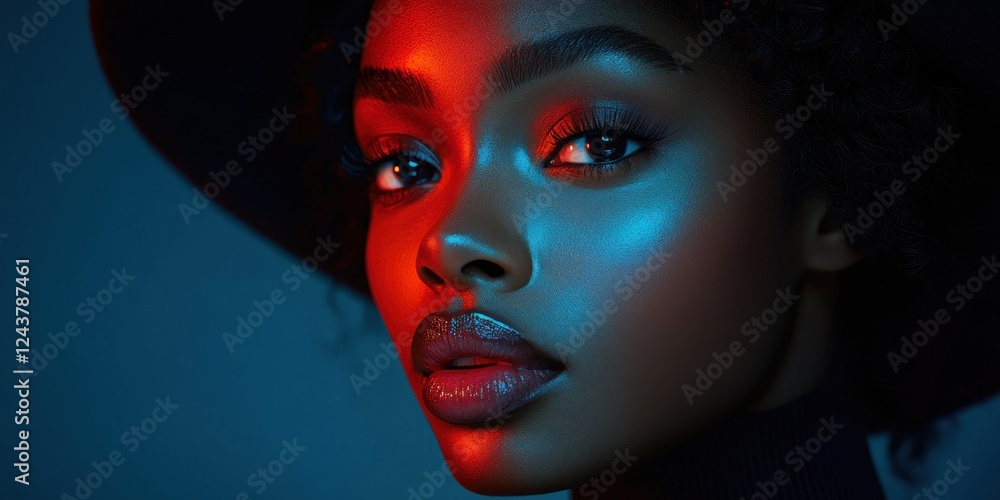 Captivating Gaze: A Portrait of Beauty in Red and Blue Light Captivating Gaze: A Portrait of Beauty in Red and Blue Light