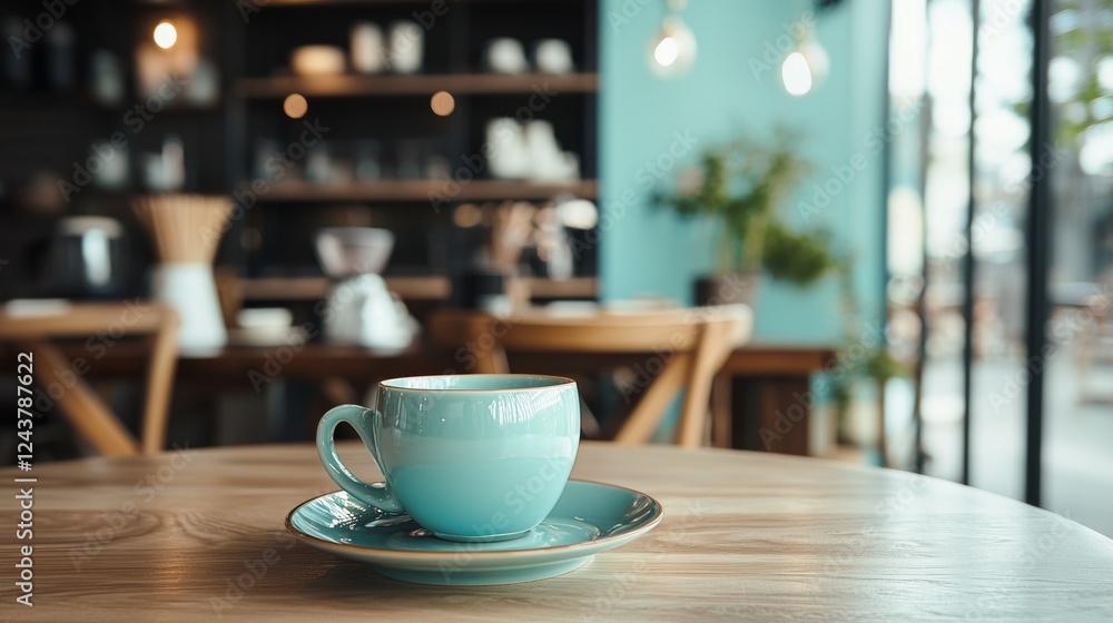 Minimalist cafe table with a turquoise coffee cup Minimalist cafe table with a turquoise coffee cup