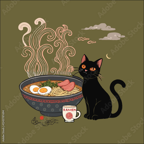 Sleek black cat with fiery orange eyes eating from oversized ramen bowl. Generative AI.