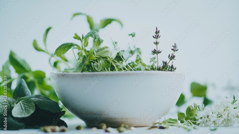 Herbal plant growing in a white ceramic bowl Herbal plant growing in a white ceramic bowl