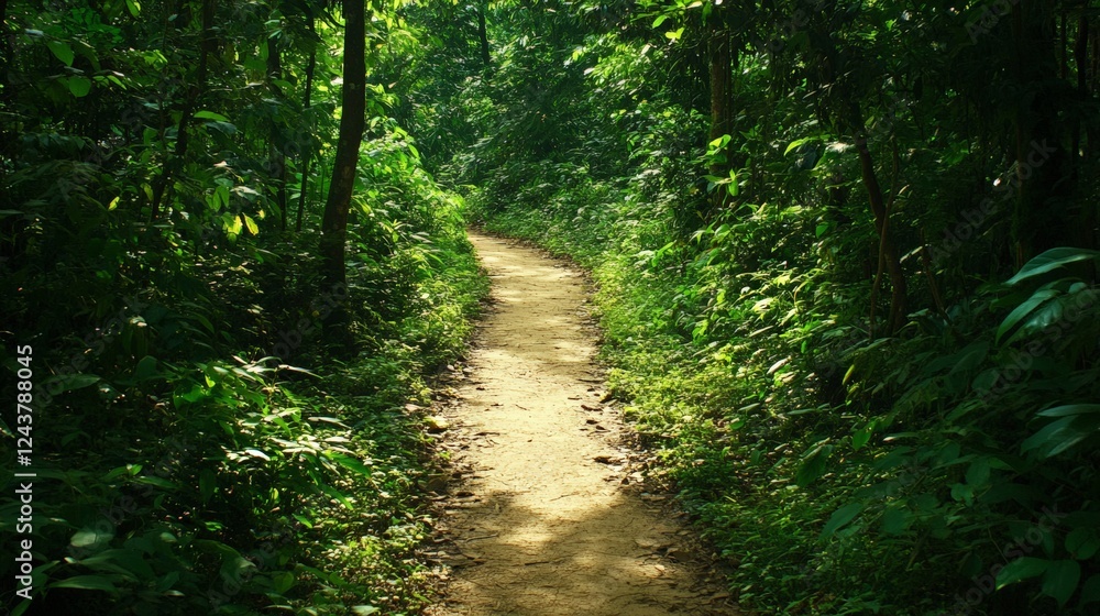 Fototapeta premium Sunlight filters through the dense canopy, illuminating a winding dirt path that meanders through a vibrant green forest, creating a serene and inviting atmosphere