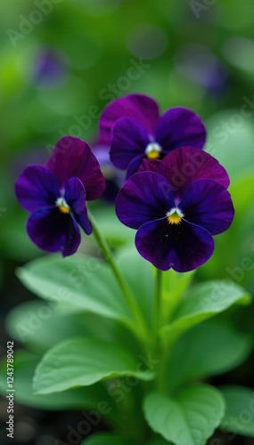 Dark purple pansies bloom amidst blue nemophora ferns, garden, greenery, botany photo