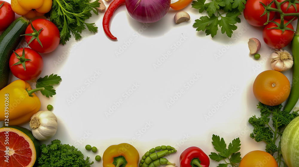 Fresh Vegetables and Herbs Arranged in Circular Pattern on White Background for Healthy Cooking and Culinary Designs Fresh Vegetables and Herbs Arranged in Circular Pattern on White Background for Healthy Cooking and Culinary Designs