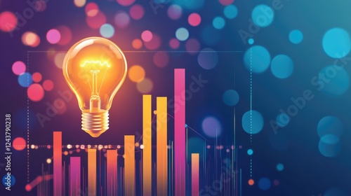 Business marketing success illustration with a lightbulb glowing over bar charts, symbolizing innovation and strategy.