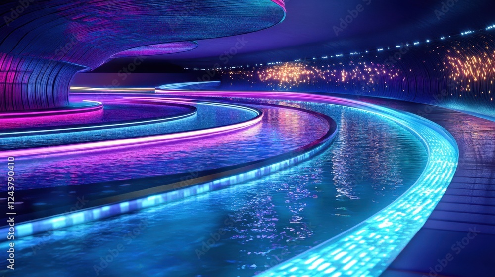 Fototapeta premium Dynamic neon light trails weaving through transparent liquid, glowing reflections, futuristic and high-energy composition, ultra-detailed